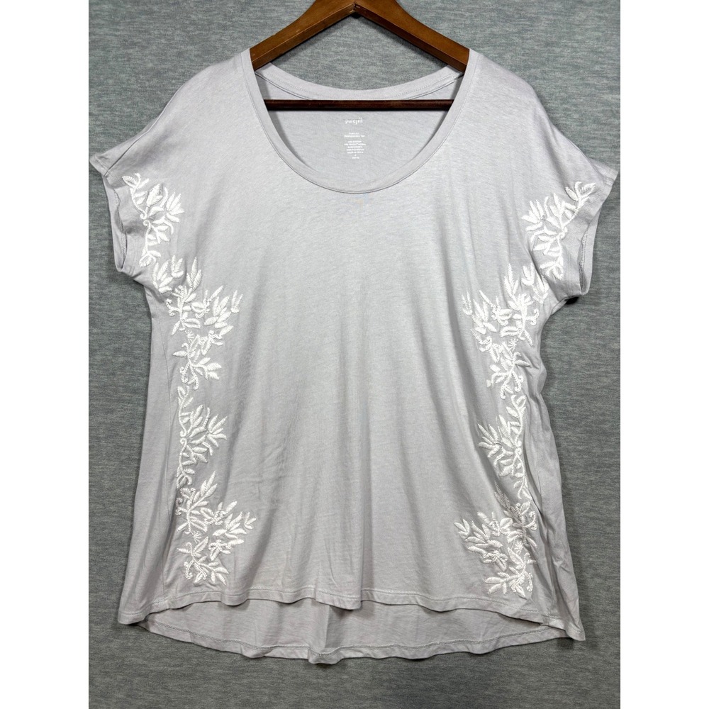 Pure J Jill Embroidered Top M Petite Gray Floral Short Sleeve Casual